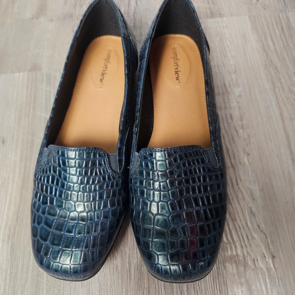 Comfortview‎ Leisa Loafers Womens 9W Navy Croc Embossed Iridescent Slip On
